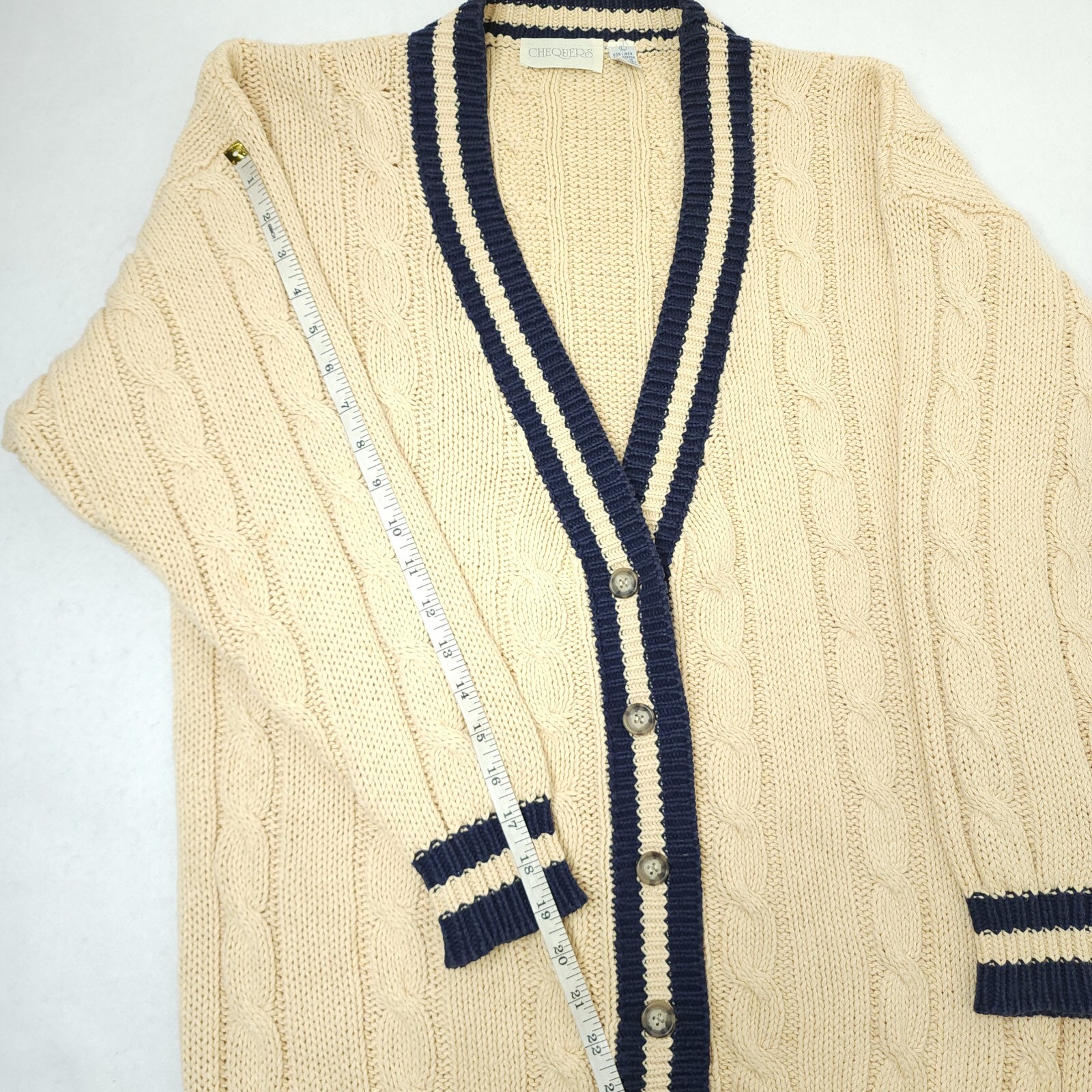 Vintage Chequers Fisherman Cable Knit Cardigan Womens Large Linen Blend Sweater