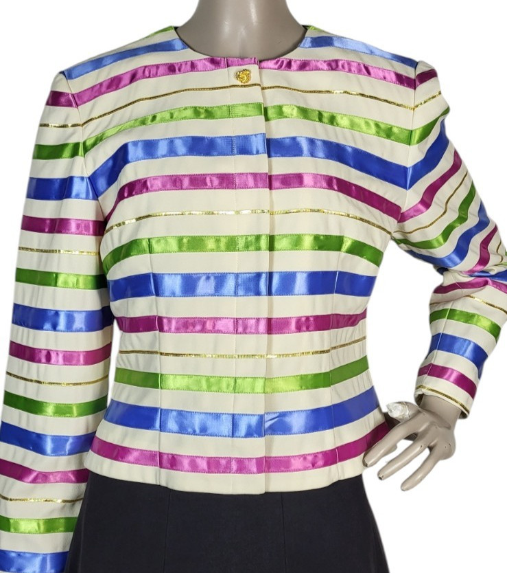 Vintage Satin Jewel Tone Metallic Ribbon Striped Blouse Jacket Maggy London