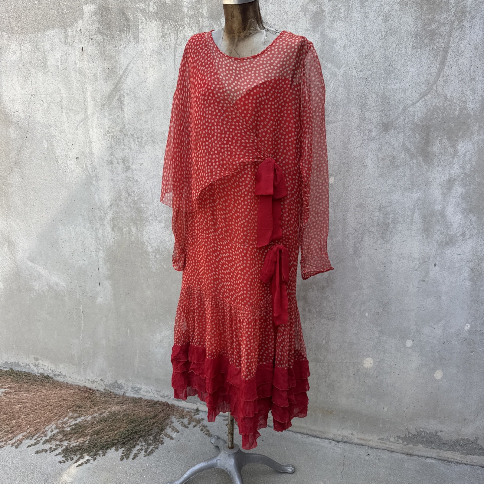 Antique 1920s Red Silk Chiffon Dress Polka Dot Asymmetrical Bow Marjone Vintage