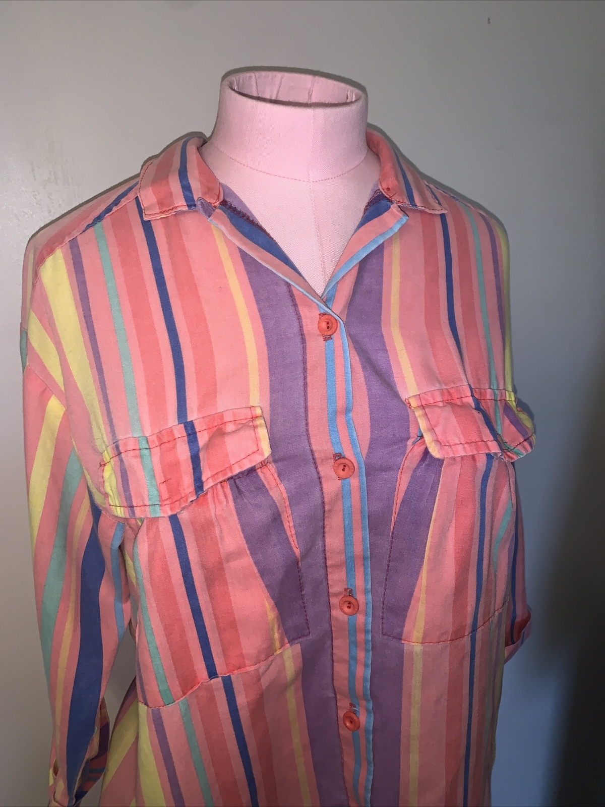 Vintage Button Up 70’s EBER San Francisco Top Pastels Striped Women’s Small ?