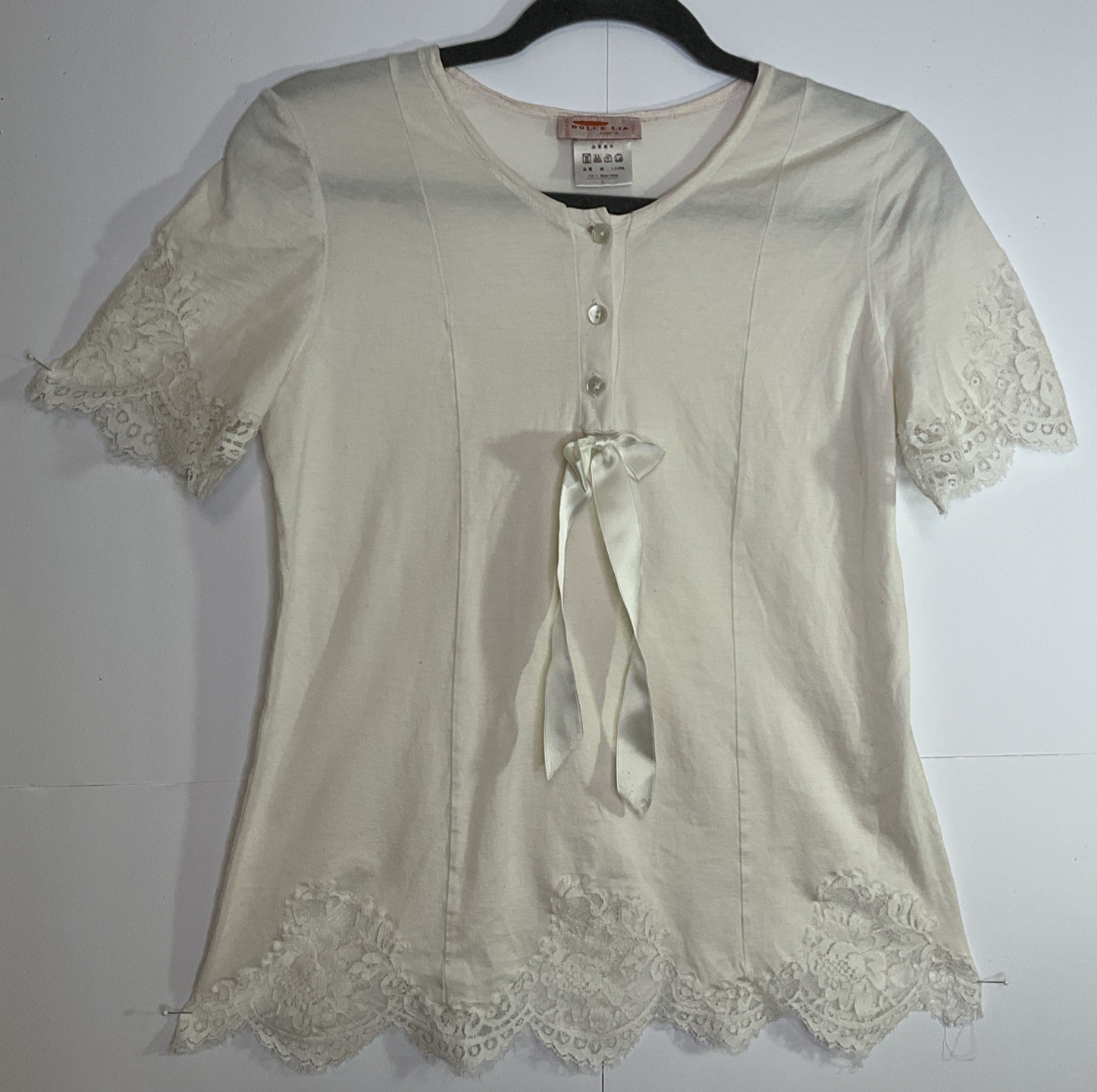 Vintage Dolce Lia Lace Trim Lingerie Top Ivory Short Sleeve L Satin Bow Italy