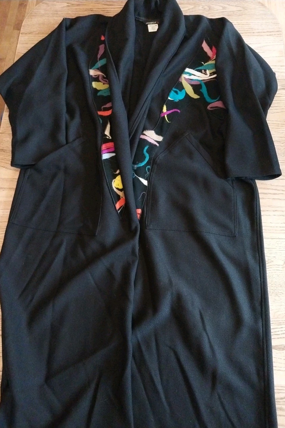 Vtg Japanalia Full Length Wool Coat Kimono Pockets Patchwork Floral Felted Sz OS