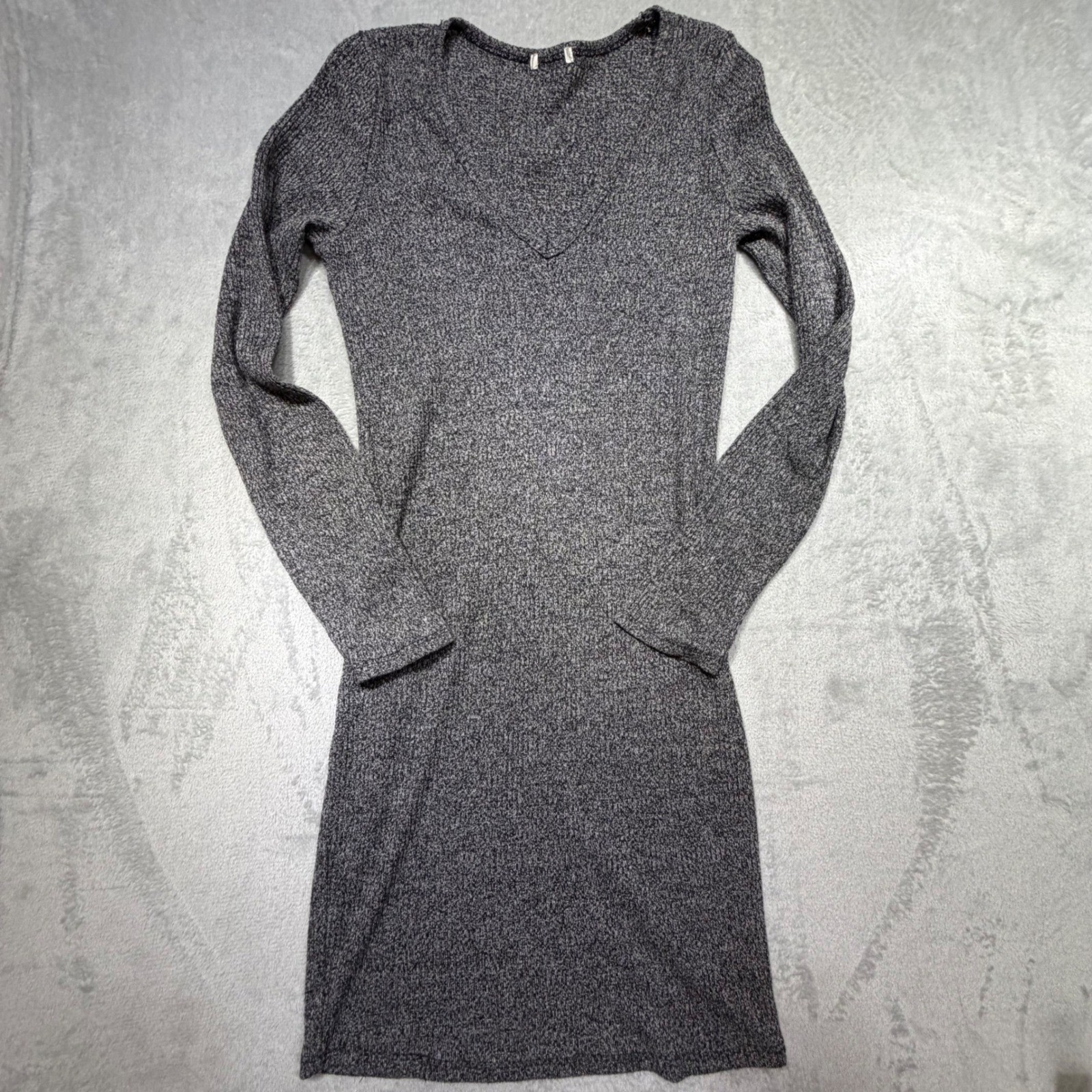 Vintage 90s Grey Ribbed Knit V-Neck minimalist layering Bodycon Mini Dress Small