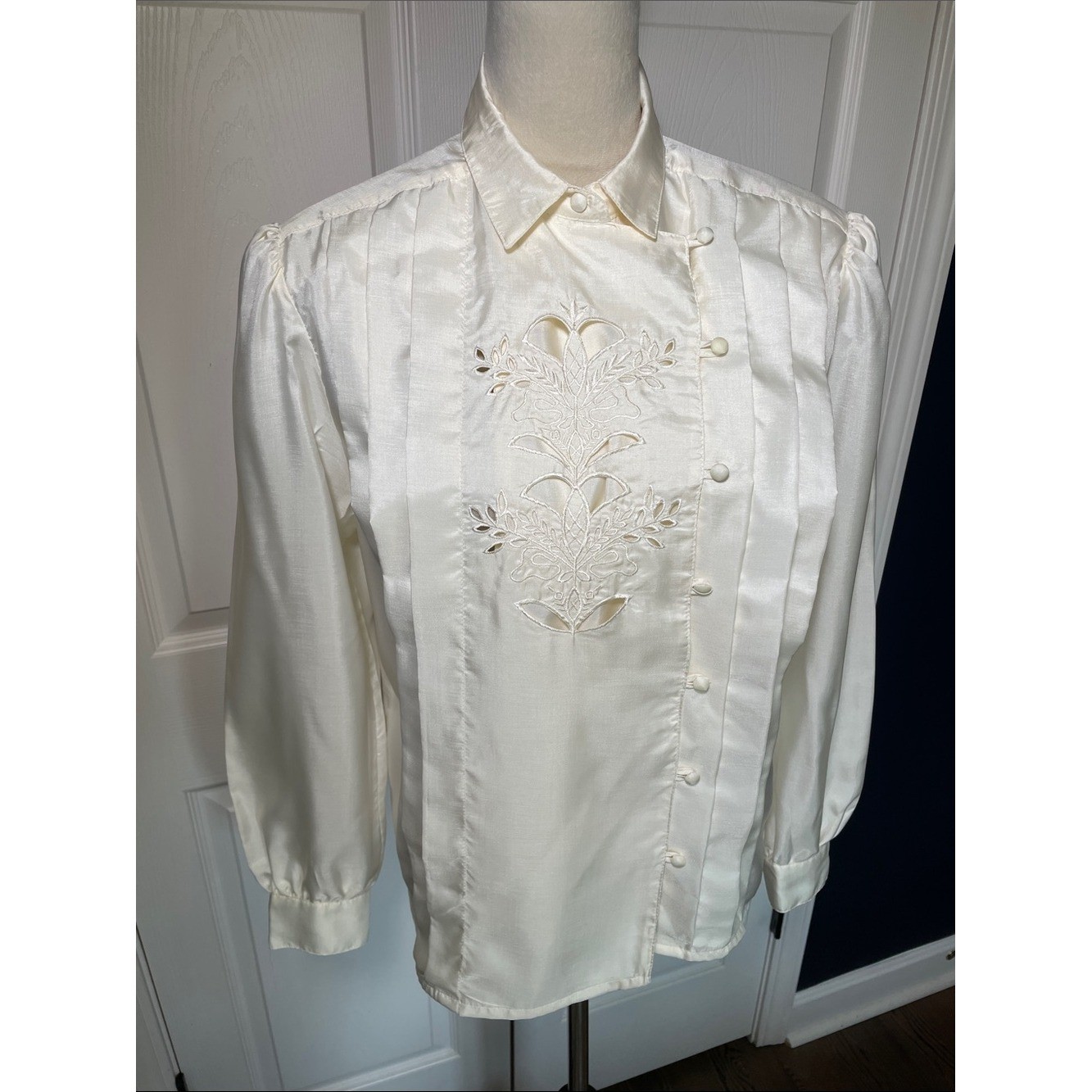 Vintage 80s AK Collectible Secretary Blouse Cutwork Lace Pleated Off White Sz 12