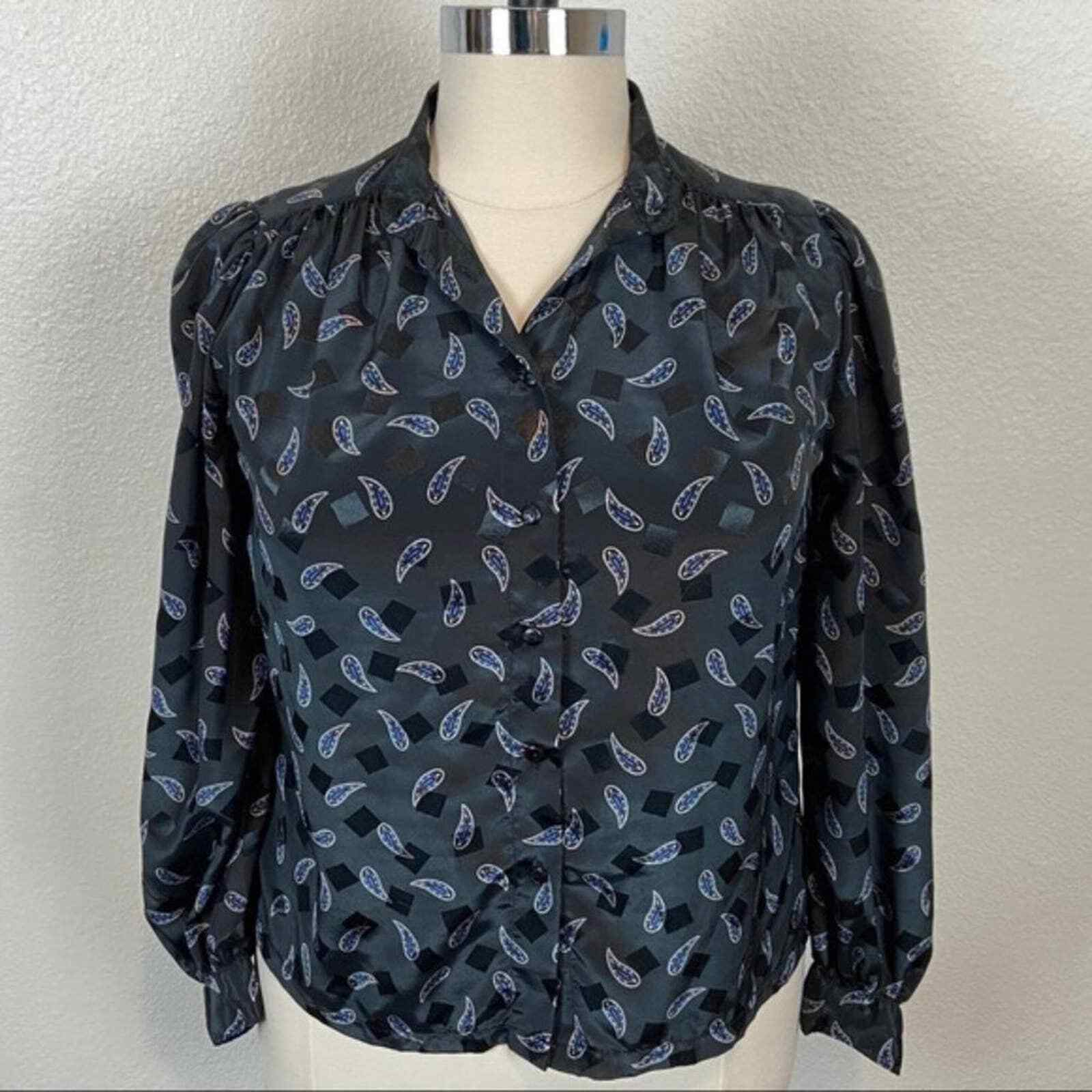 Librarian Blouse Vintage Women’s Sz XL Silky Long Sleeve High Neck Button Front