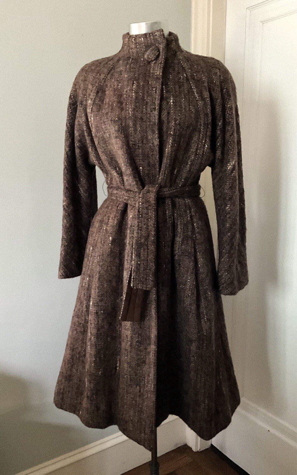 Vintage 1970’s Pauline Trigere Brown Wool Boucle Robe Coat