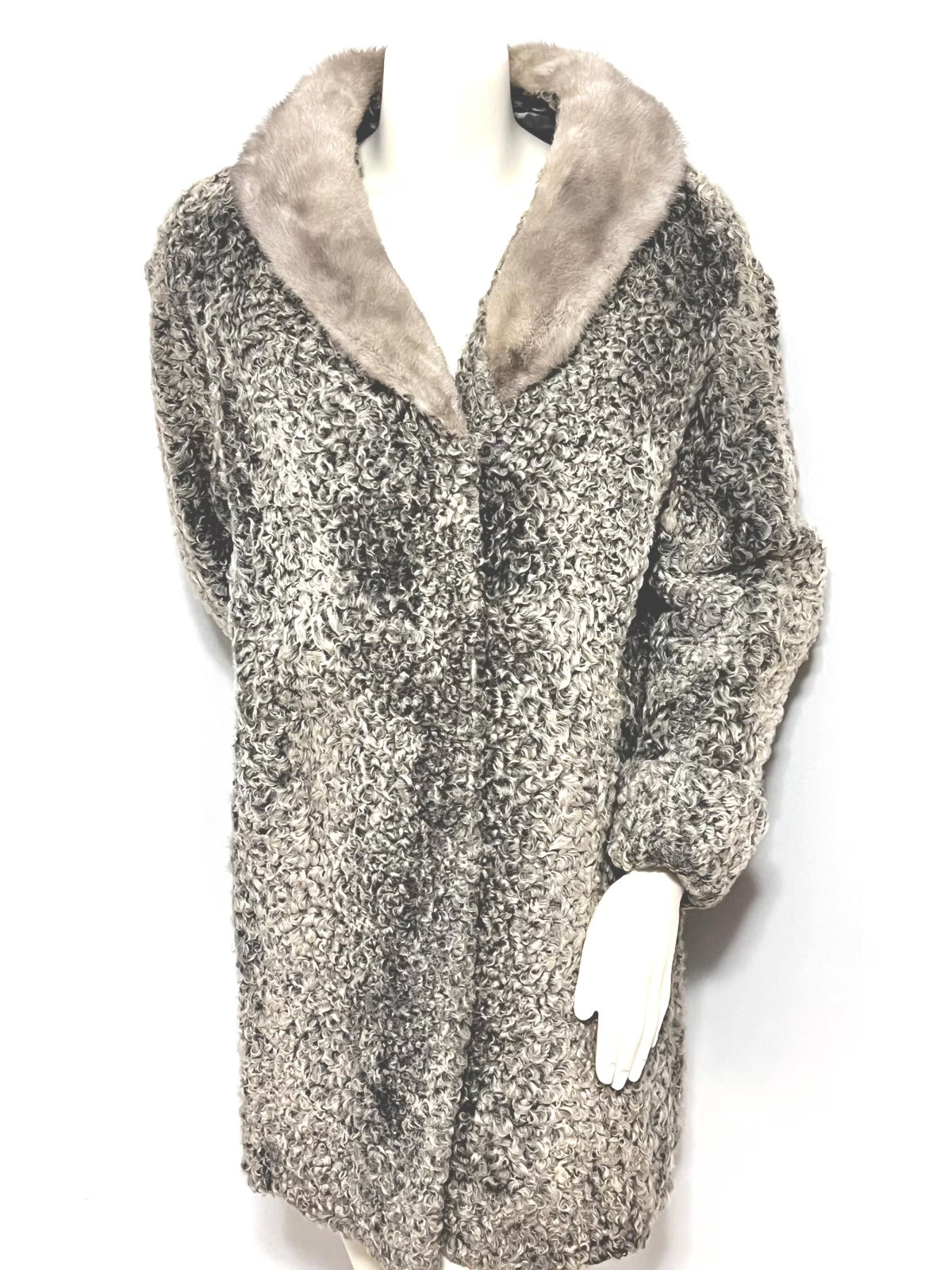 Vintage 50’s Silver Gray Curly Persian Lamb Fur Coat with Mink Collar