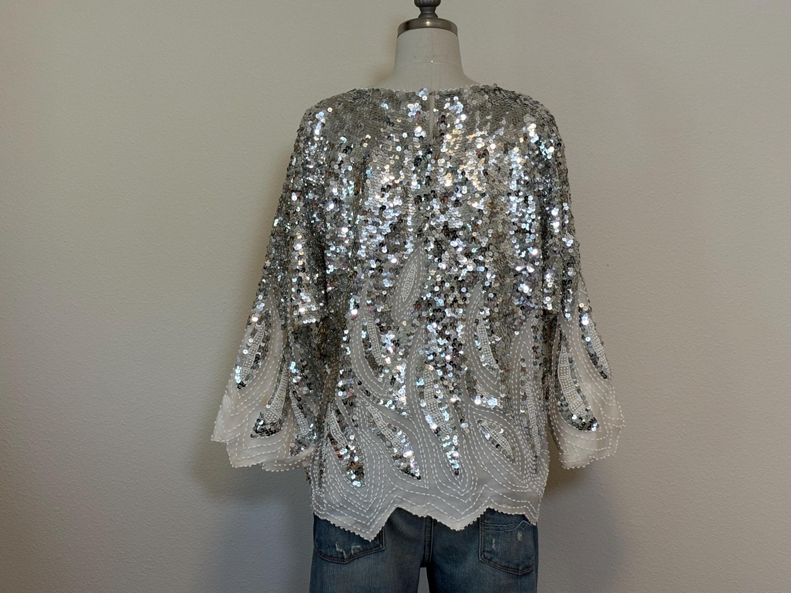 Vintage 80s Beaded Silk Top, White Silver Sequin Disco Tee, Sparkle Top