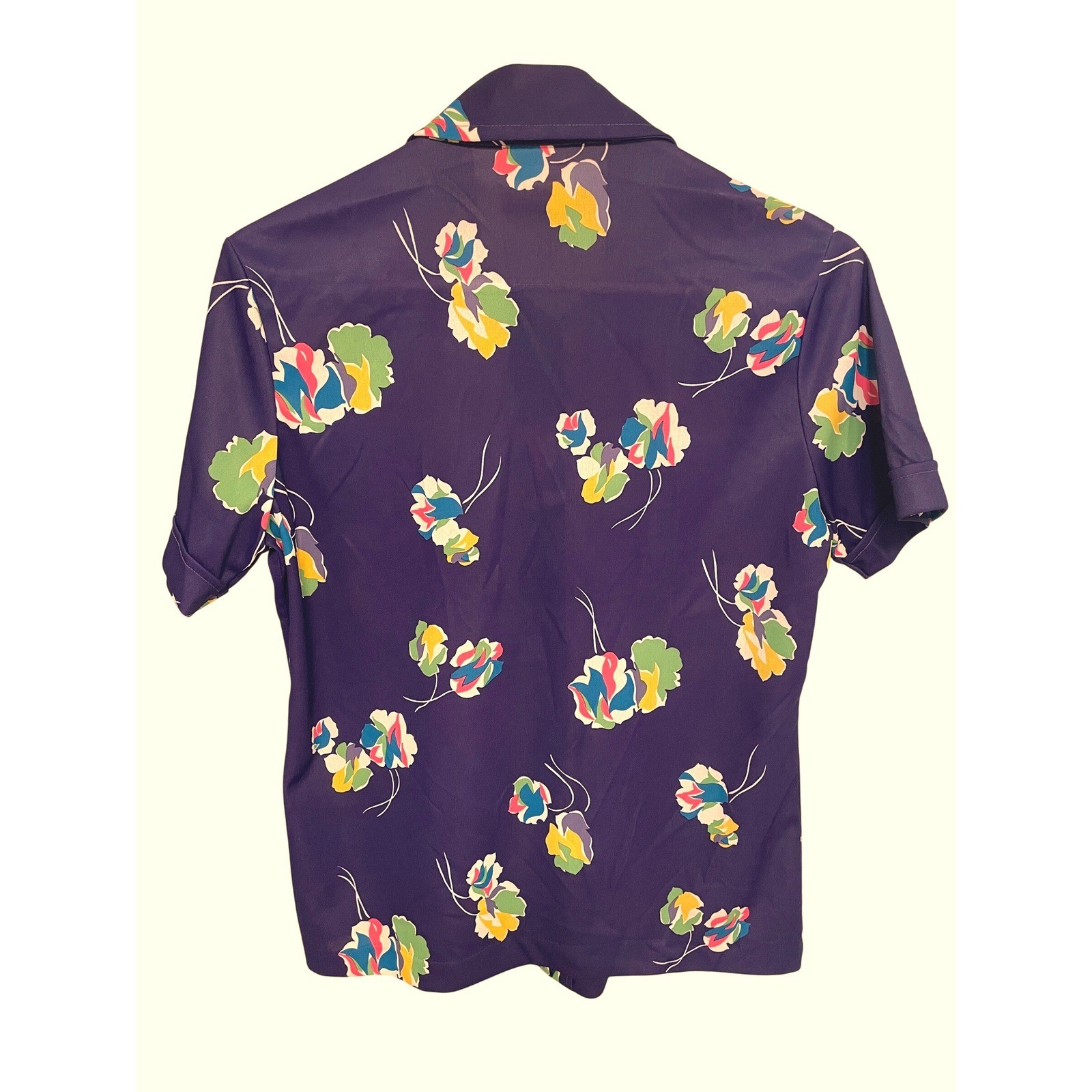 Vintage Sears Shirt Button Down 70s Dagger Collar Perma-Prest Purple Floral 14