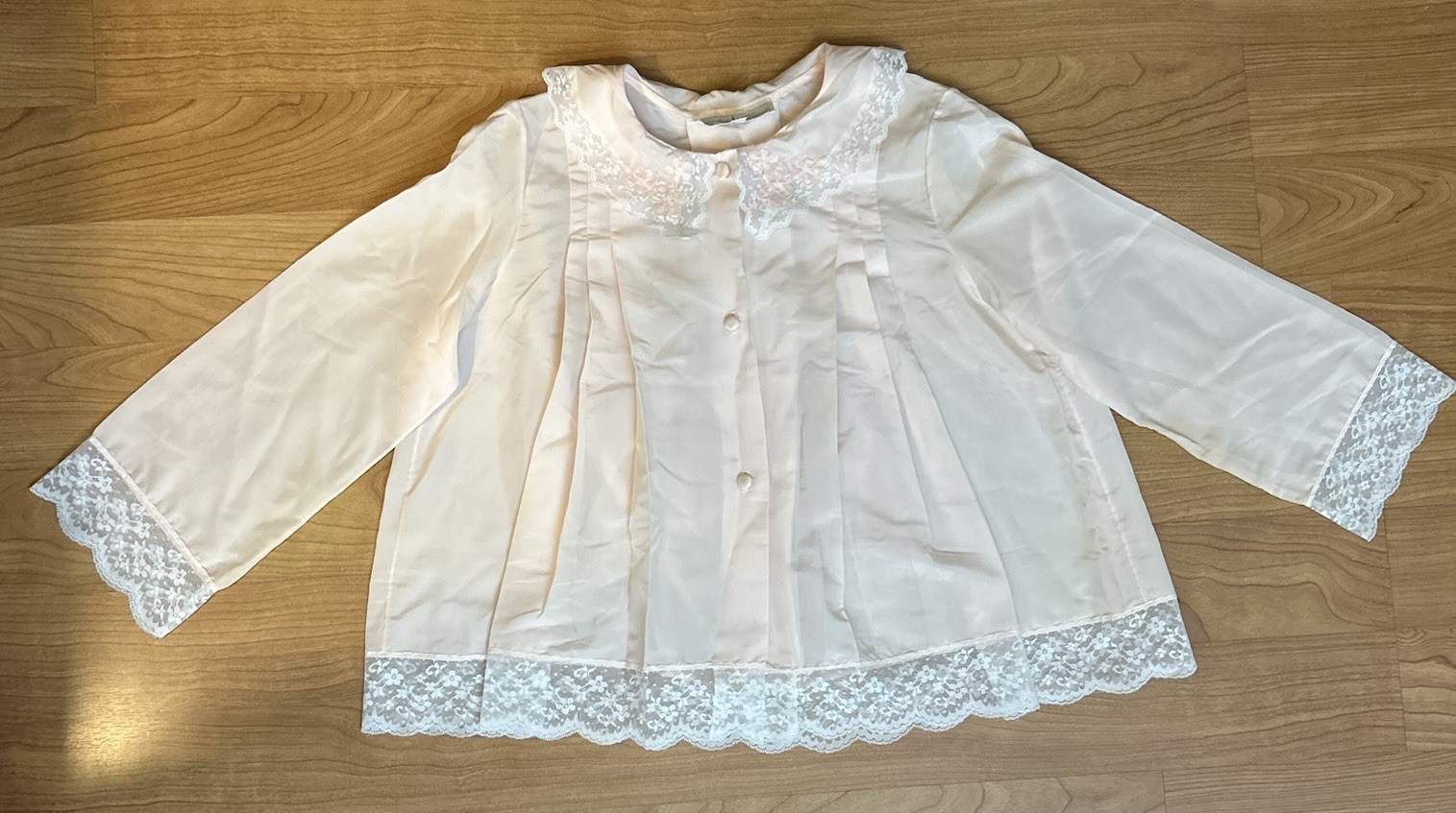 1960s Pink Lace Bed Shirt Corhan Noumair Hand Embroidered Babydoll Style Small