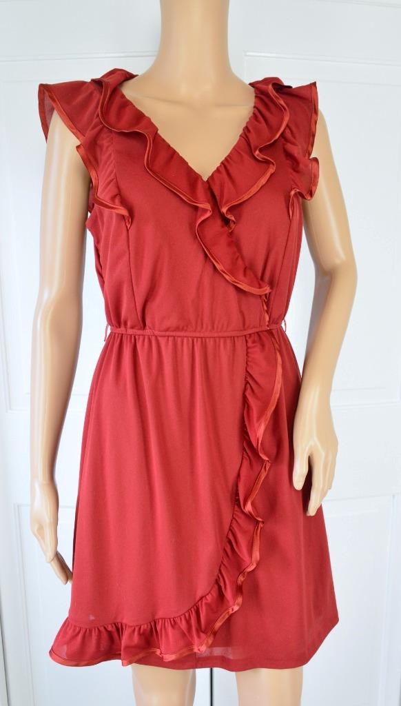 VTG 80s Teeze Me Burnt Orange Mini Sheer Mesh Salsa Flutter Ruffle Deep V Dress