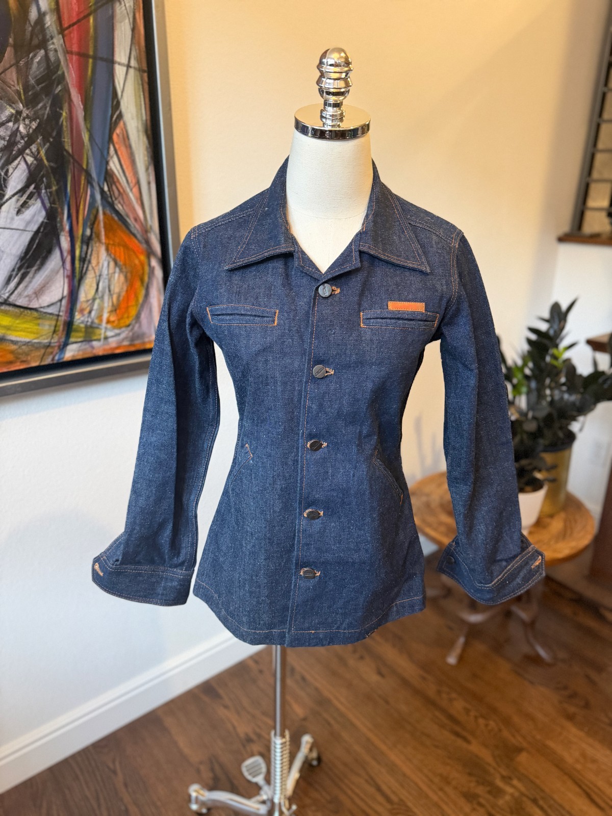 Vintage 70s Palmor’s Denim Jacket Deadstock NWOT Unworn Tunic Orange Stitching