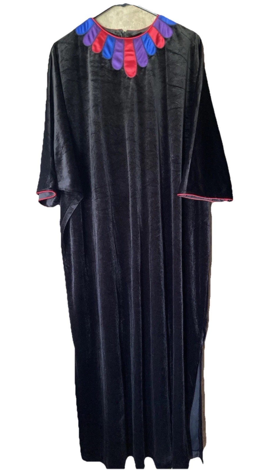 Vintage Black Velvet Caftan Maxi Dress Colorful Scallop Neck Boho Art to Wear OS