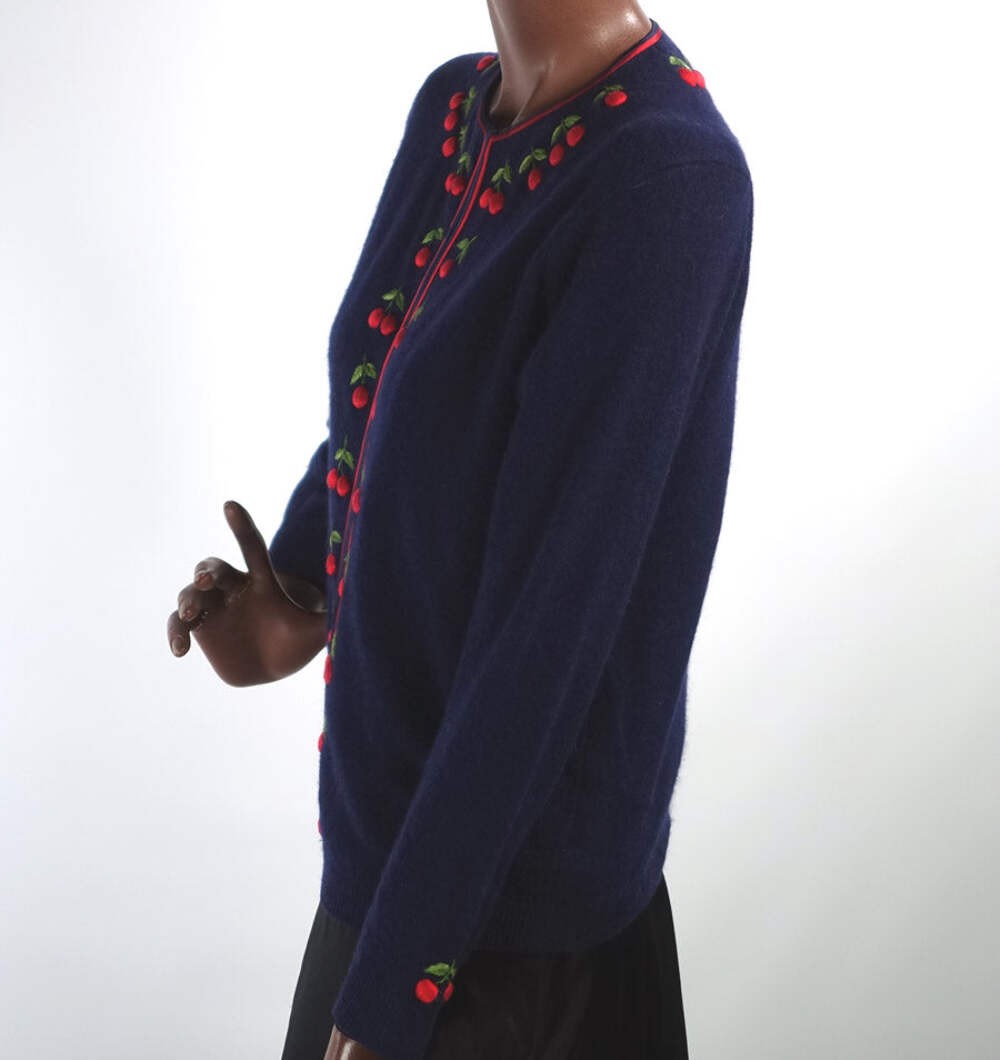 Women’s 50s Cherries Cardigan Sweater Vintage Dark Blue Small to Medium