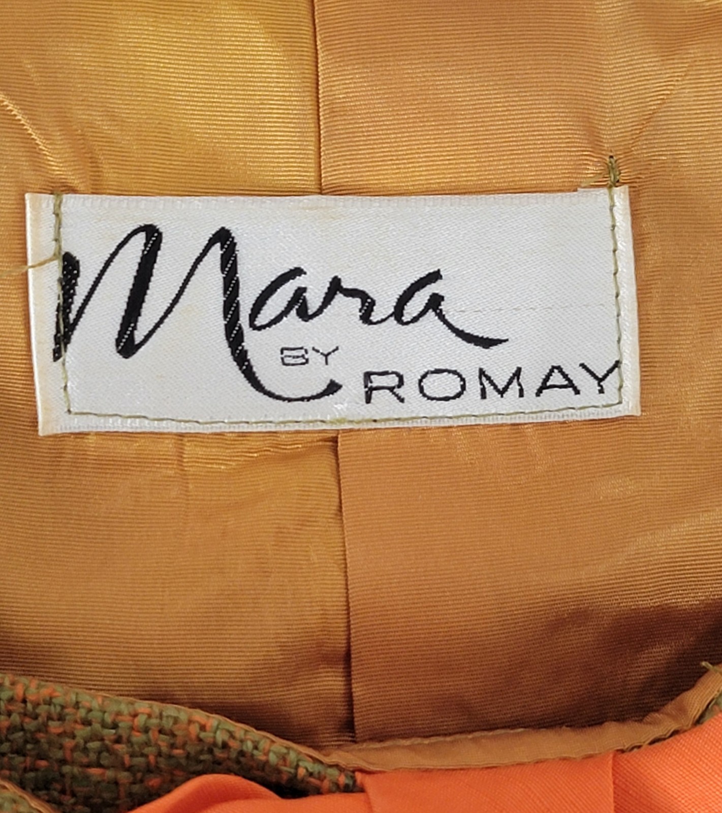 Vintage 60s Mara by Romay Skirt & Vest Suit Set XXS Olive Green Orange Bow Nubby