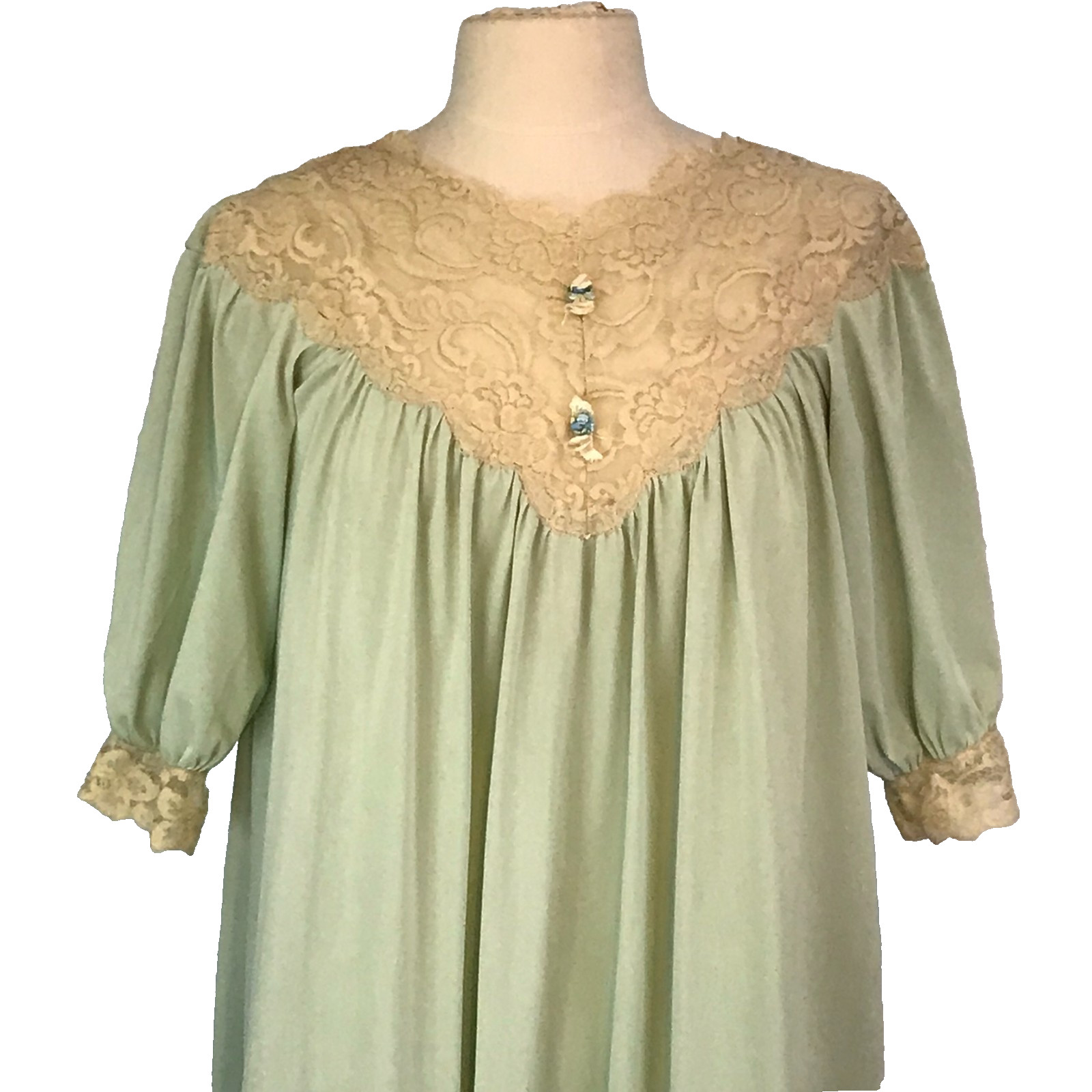 Cira Vintage Light Green Cream Lace Long Nightgown, Short Sleeves V-Neck 38 Bust
