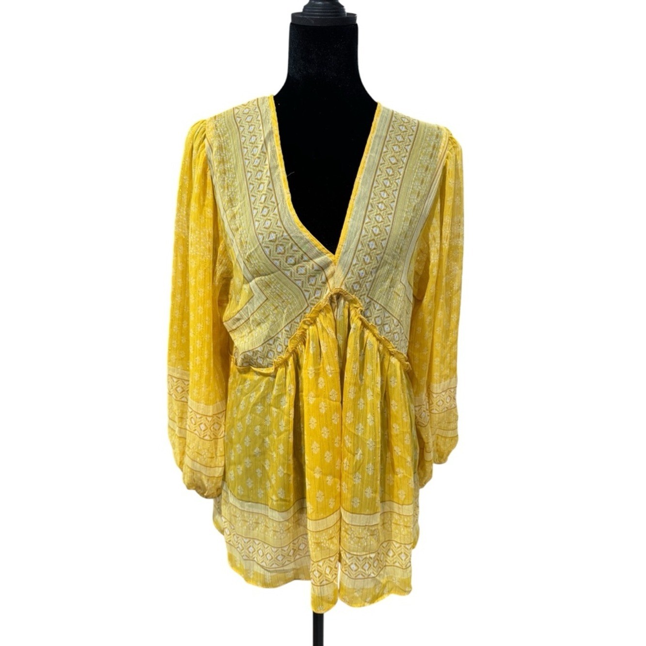 NWT Rose & Olive – Yellow Boho V-Neck Tunic with Embroidered Trim – Size M