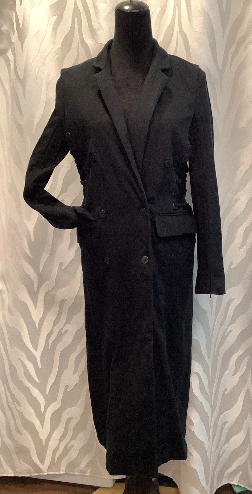 Black Corset Lace Up Sides Split Sleeves Dbl. Breasted Long Goth Coat S/M