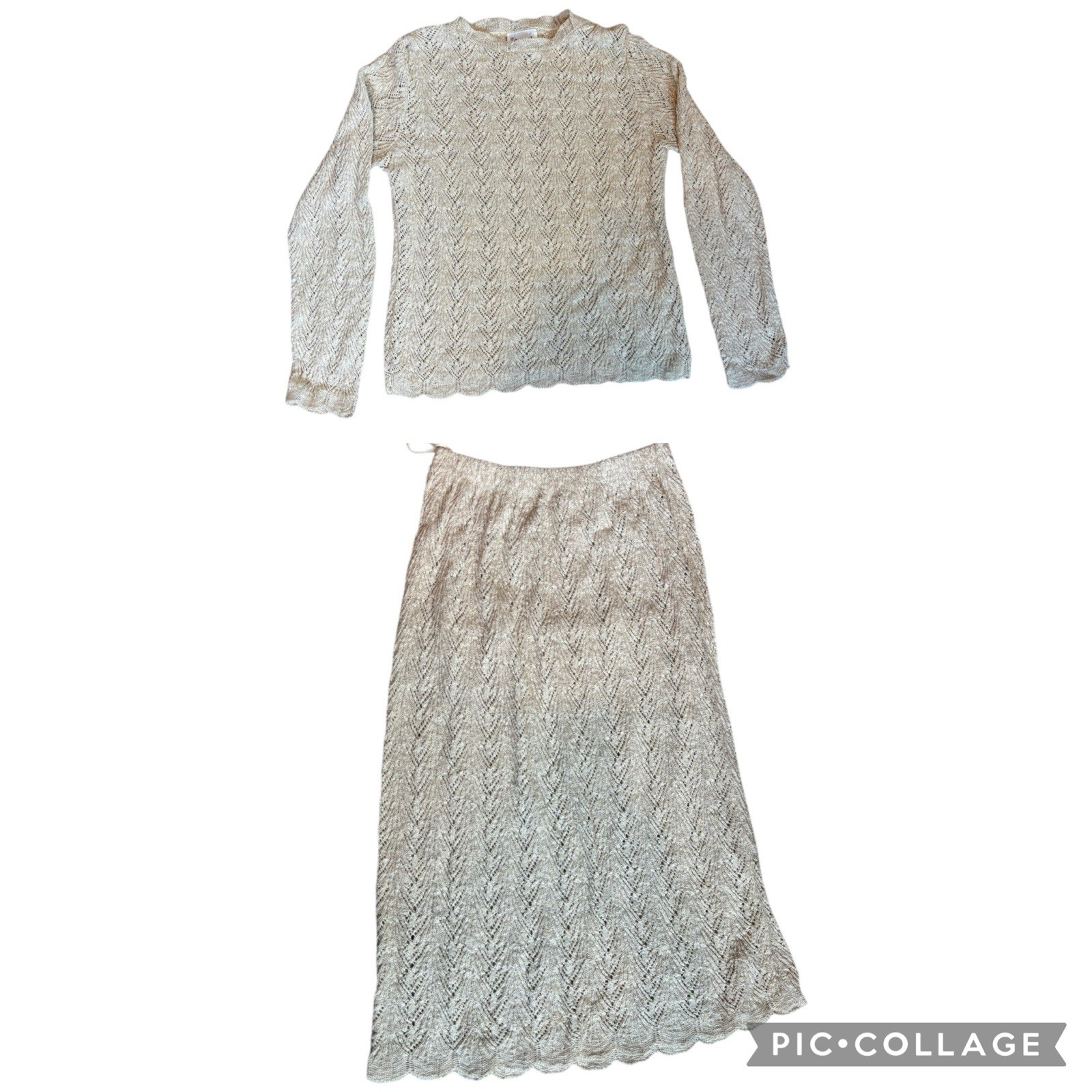 Evanna Vintage Cream Oatmeal Sleeve Sweater and Midi Skirt Set Scalloped Edge 14