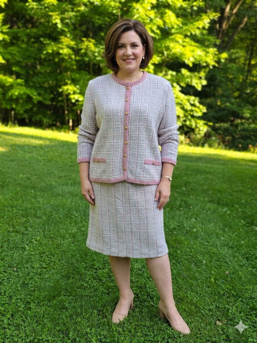 Vtg Castleberry Knits Skirt Suit Set Boucle Tweed Pink Cream Plaid Plus Mohair