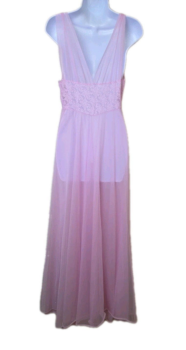 Vtg 1980s Vanity Fair Long Nightgown Lilac Purple Chiffon Nylon Lace Sz 34