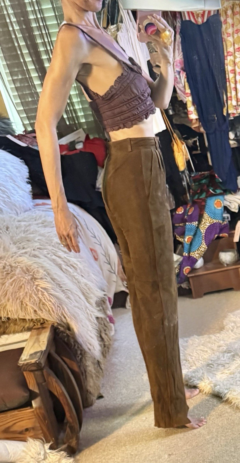 Vtg Jenny France Suede Pants Trousers Pockets Piping Brown Leather XS Tags