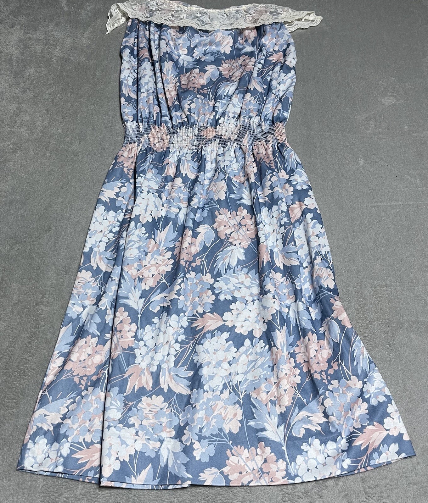 Vintage 70s Montgomery Ward Dress Womens 14 Blue Floral Lace Collared Sleeveless