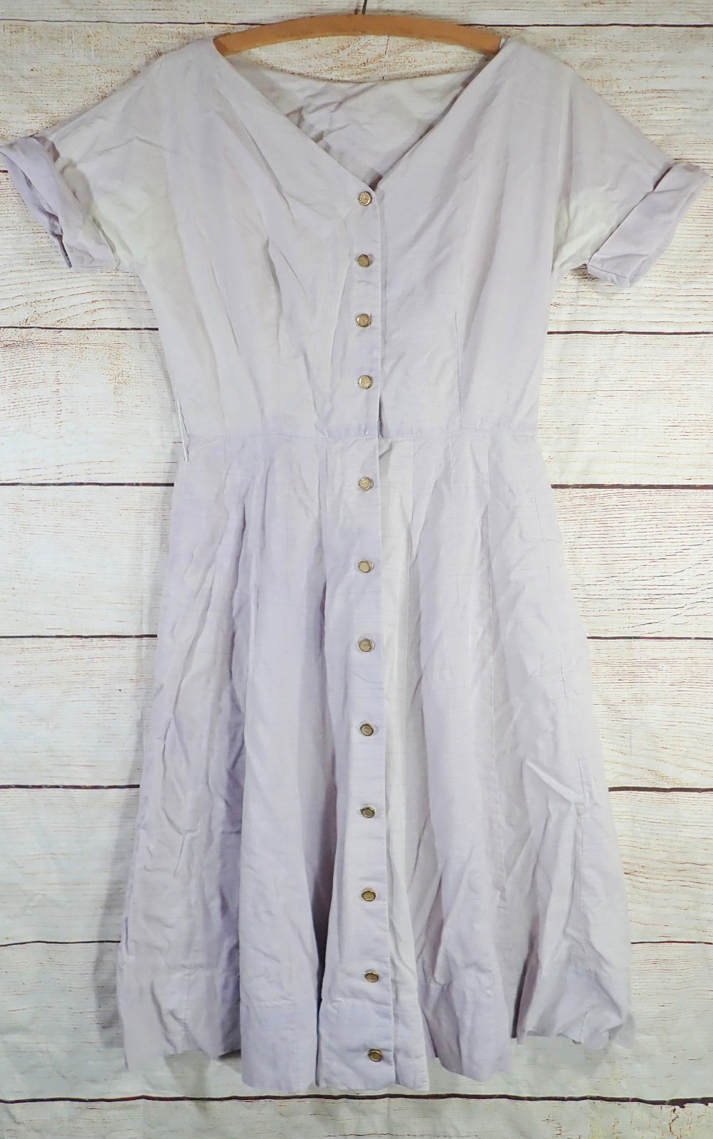 Vintage 80s Lavender Linen Blend Shirt Dress (S) Dolman Sleeve V-Neck Flare Midi