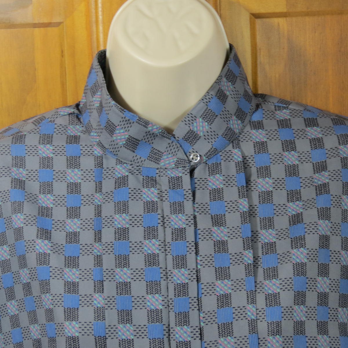VTG 70s/80s Blouse Lady Arrow Ascot Collection Checkered High Neck Grey Sz 16