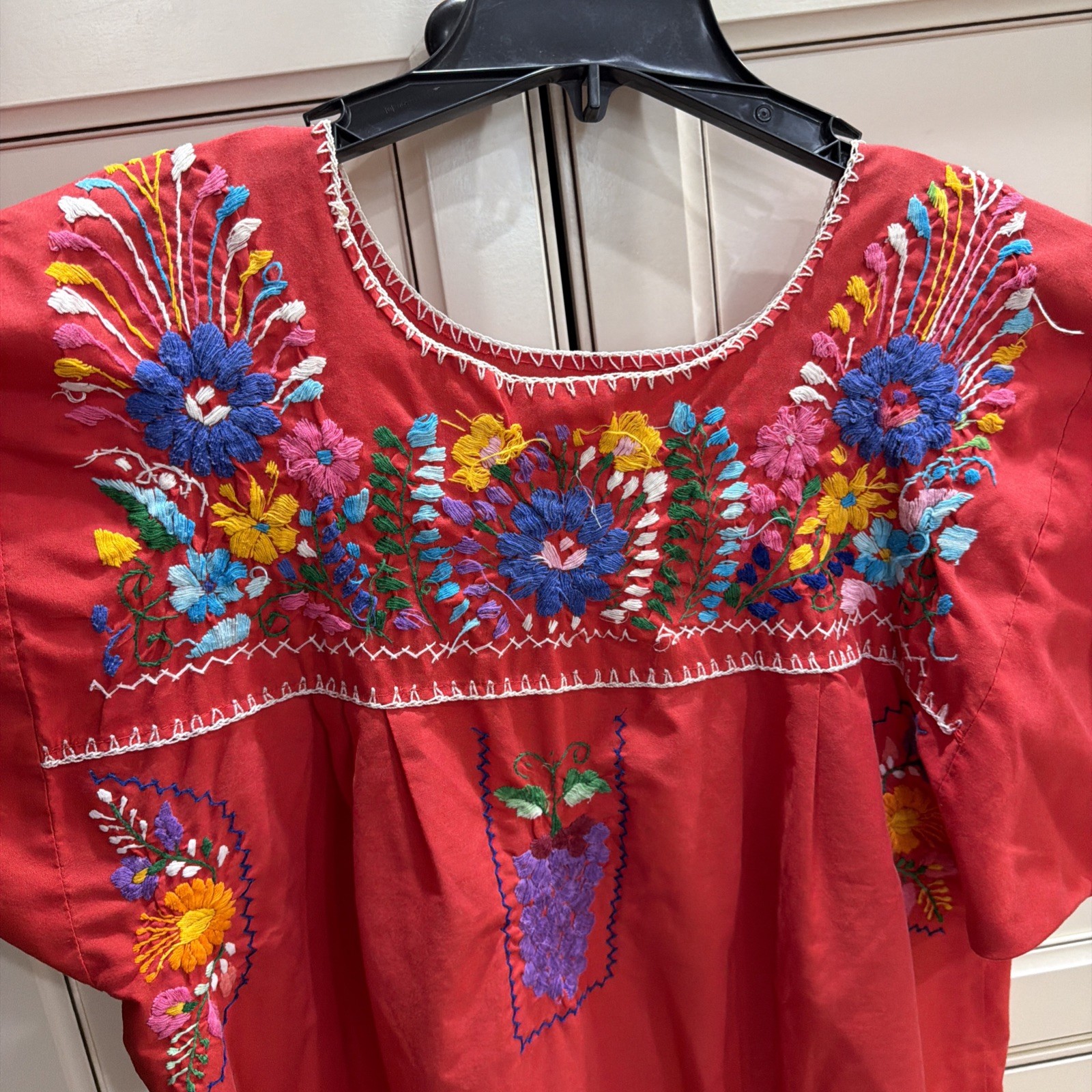 VTG Hand Embroidered Oaxaca Mexican Folk Art Dress Floral Motifs Women Size L