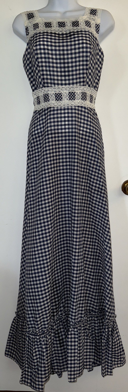 70s VTG Maxi Dress Blue White Gingham Lace Tiered Prairie CottageCore Unique
