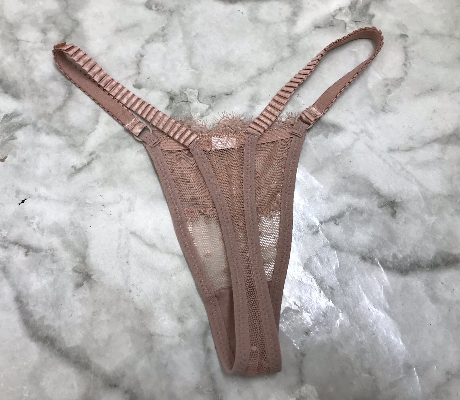 Mesh & Lace Sz Small Thong String Panties Pink Underwear w/ Bow