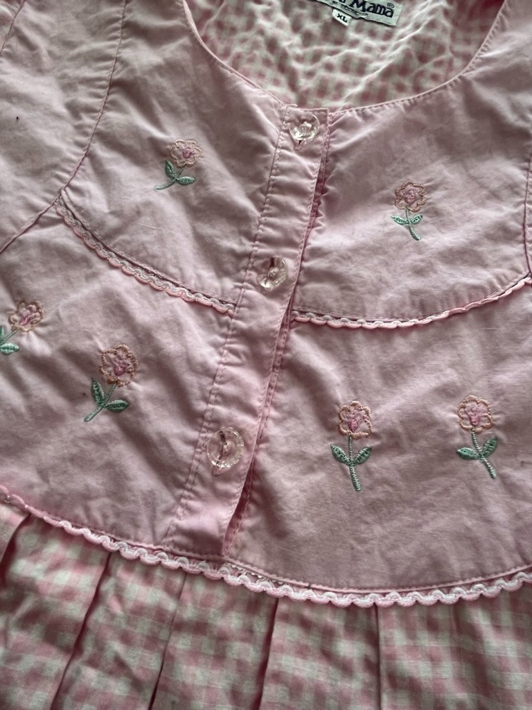 Vintage Modern Mama Pink Gingham Pajama Nightgown Floral Embroidered Size M