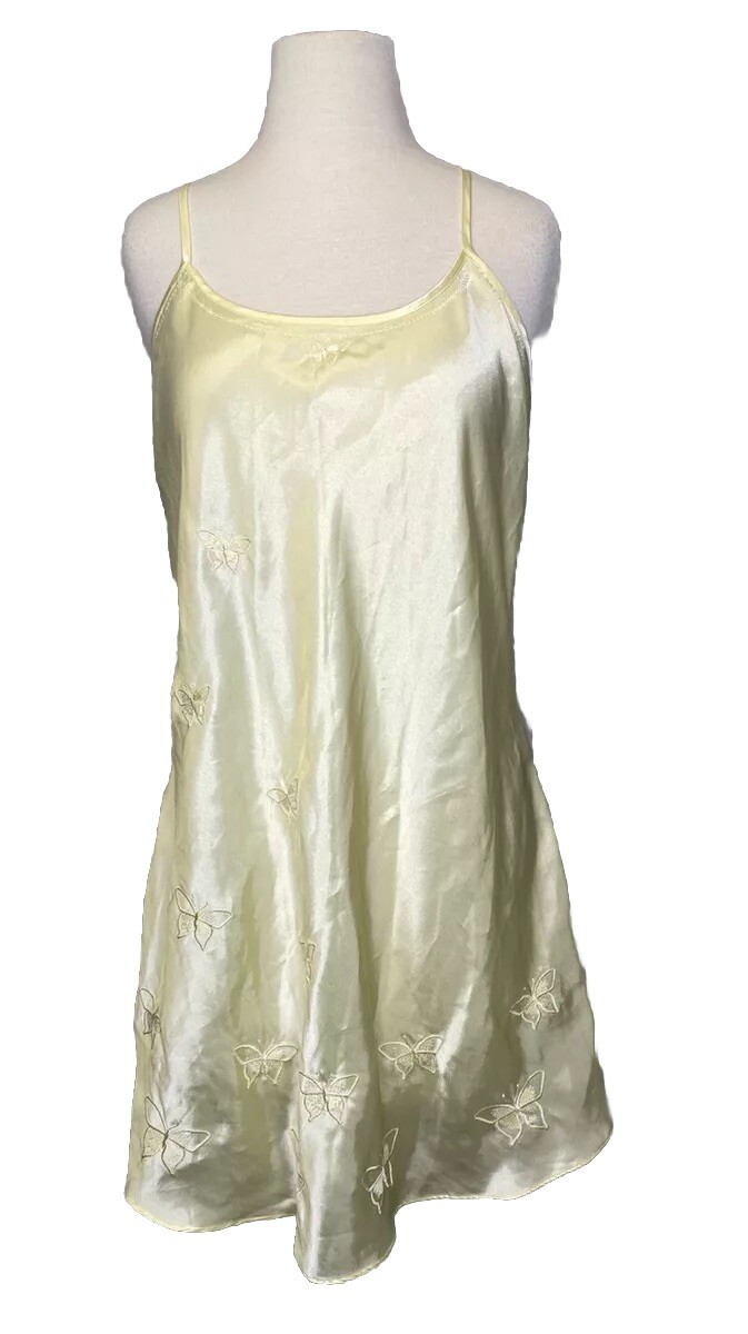 Sears INNER MOST SHINY Yellow LIQUID SATIN Nightgown Medium Butterfly Y2K 90s