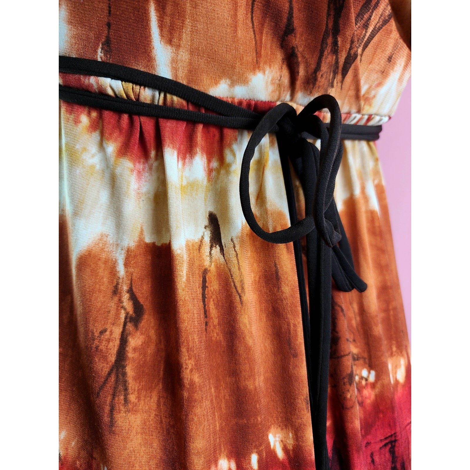 Vintage Y2K Fire Tie Dye Red Rust Brown Tortoise Shell Bead Maxi Dress by BCX