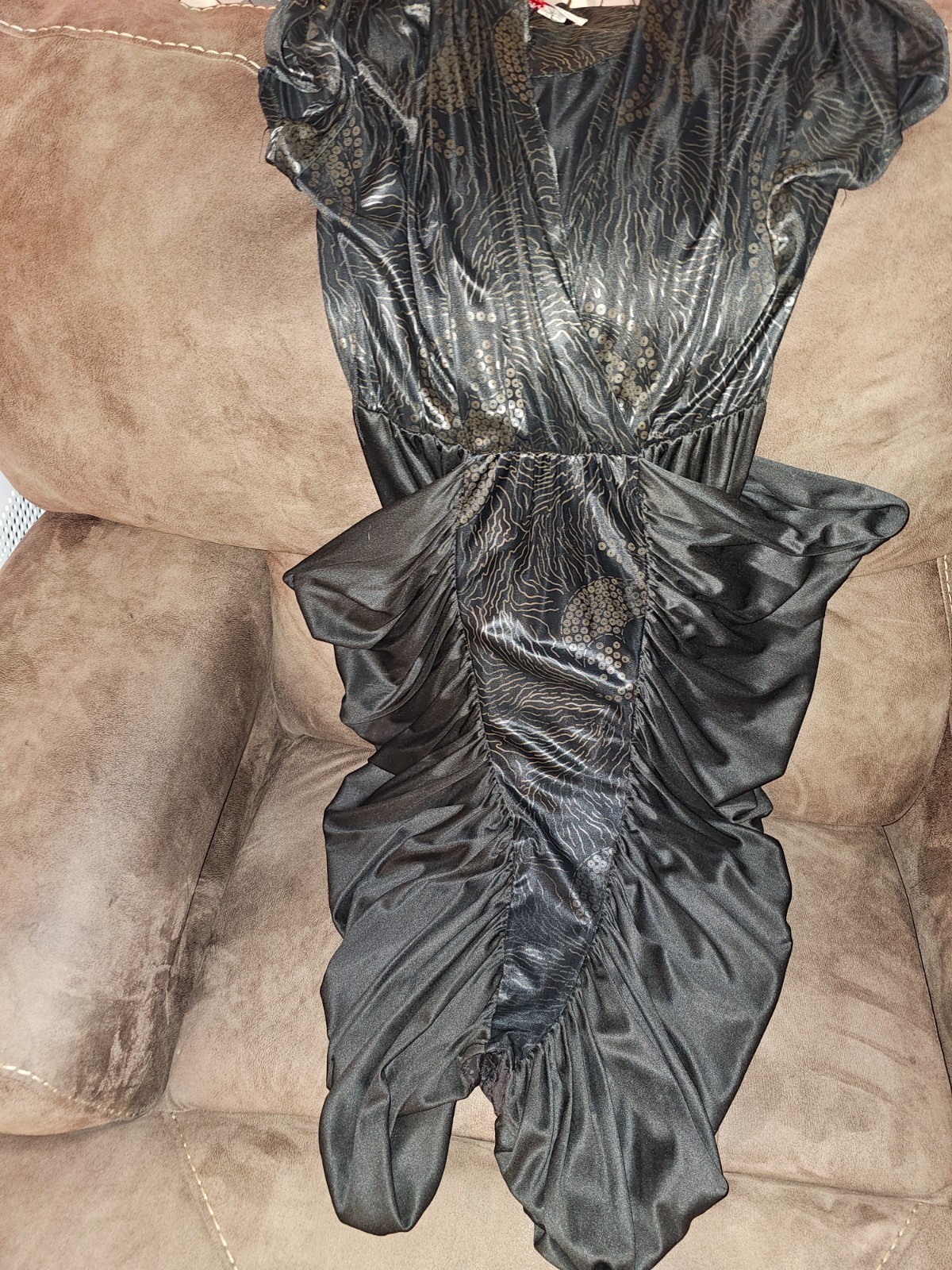 Vintage 80s Diamond’s Run, Black Satin Ruched Cocktail Dress with Gold details