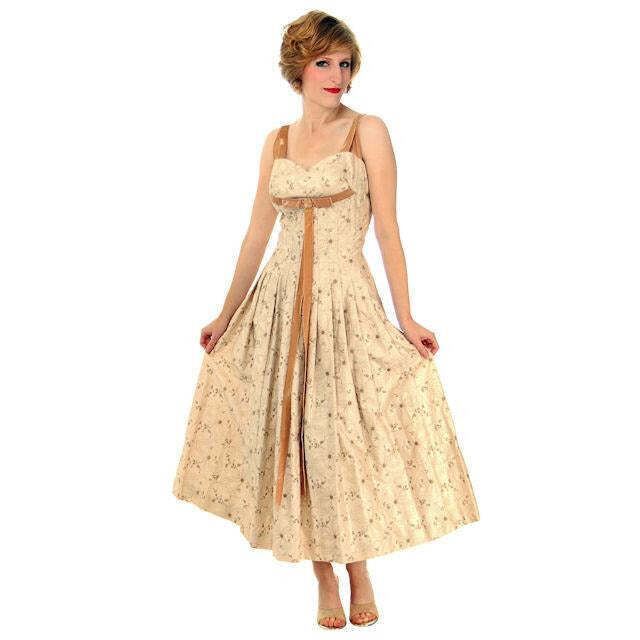 Vtg 50s Carlye Sundress S Embroidered Yellow Cotton Mocha Velvet Ribbon Trim