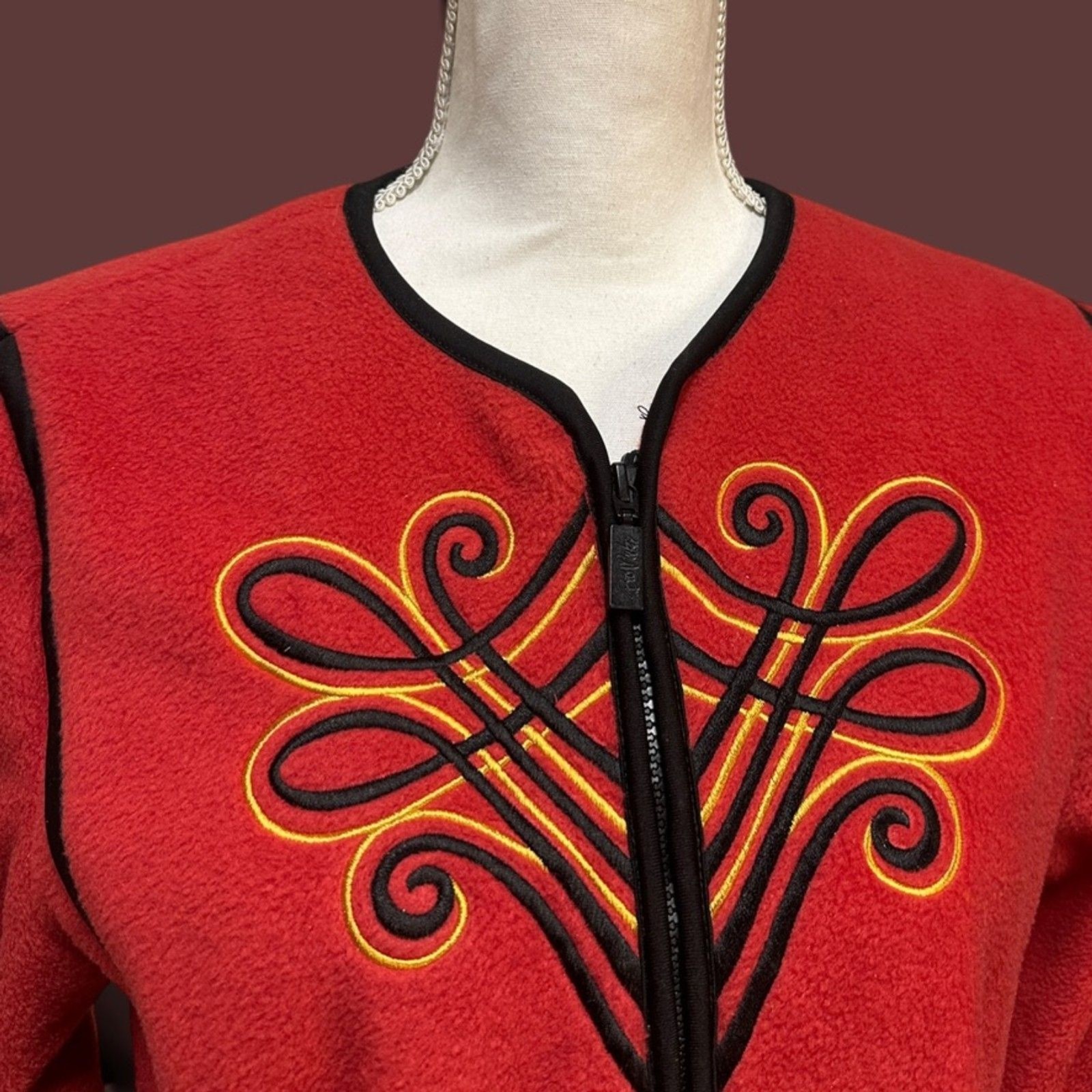 Bob Mackie Wearable Art Fleece Jacket XS Red Embroidered Zip Up Southwestern