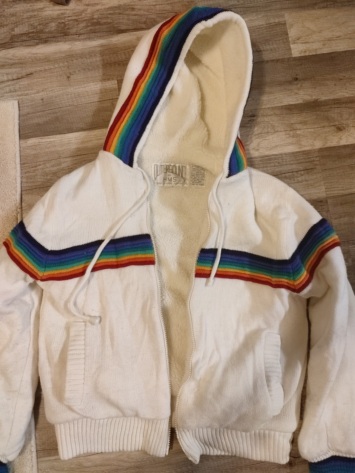VTG 80s Outerbound Fair Isle Knit Sherpa Lined Hood Pockets Bomber Jacket Sz M