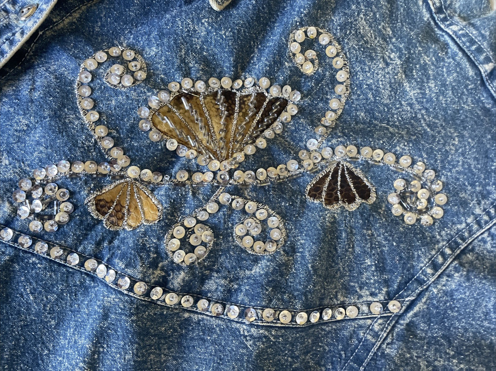 90s Vintage Christopher Ari Size XL Oversized Blue Stonewash Denim Shirt Sequin