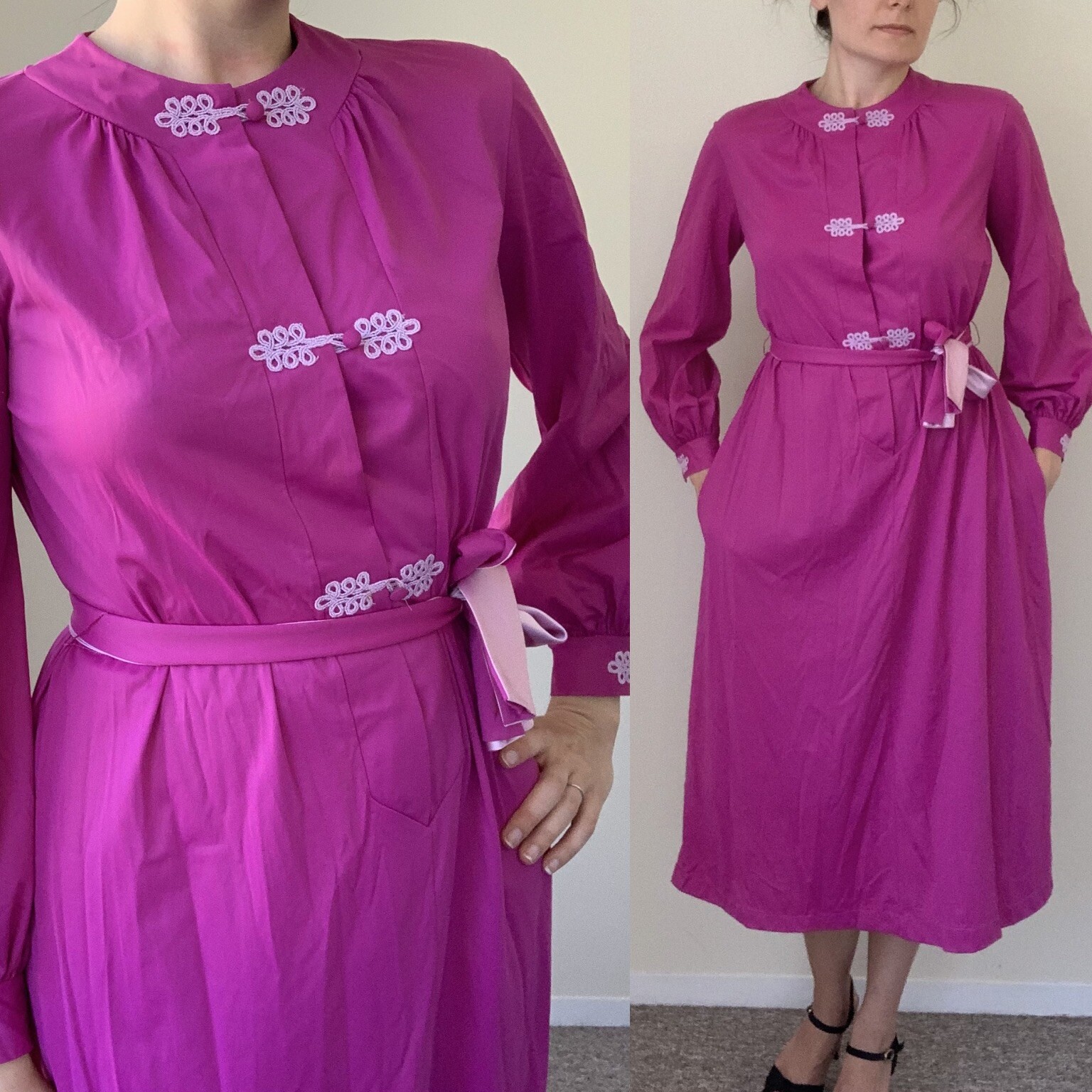VINTAGE Asian Style Mandarin Nightgown Nylon Purple House Dress Lounge 60s 70s
