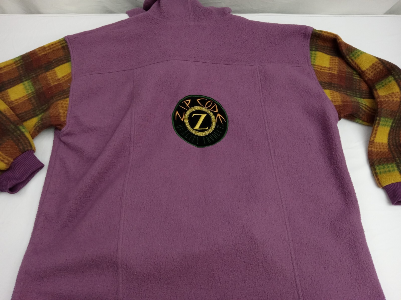 Vintage 1980s ZIP CODE Hoodi Women M Fleece Purple Plaid Embroidered Logo Back