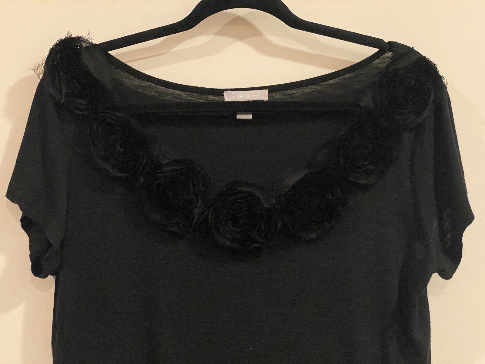 Vintage Forever Fashion Black Polyester & Spandex Top w/Black Rose Decoration -L