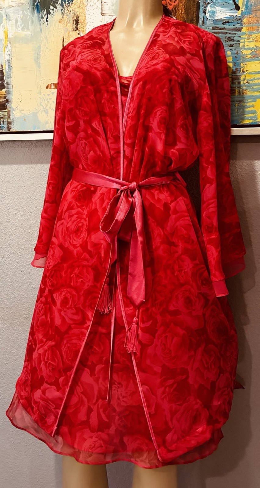 Vtg Pink Coral Double Chiffon Nightgown Tassel Satin Robe S M