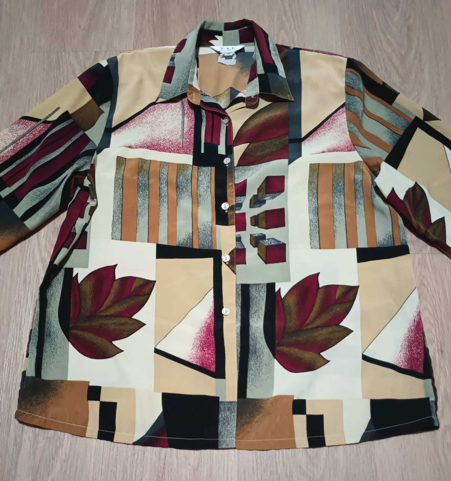 Vtg 80s Geometric Patchwork Print Kitsch New Wave Statement Button Up Top XL