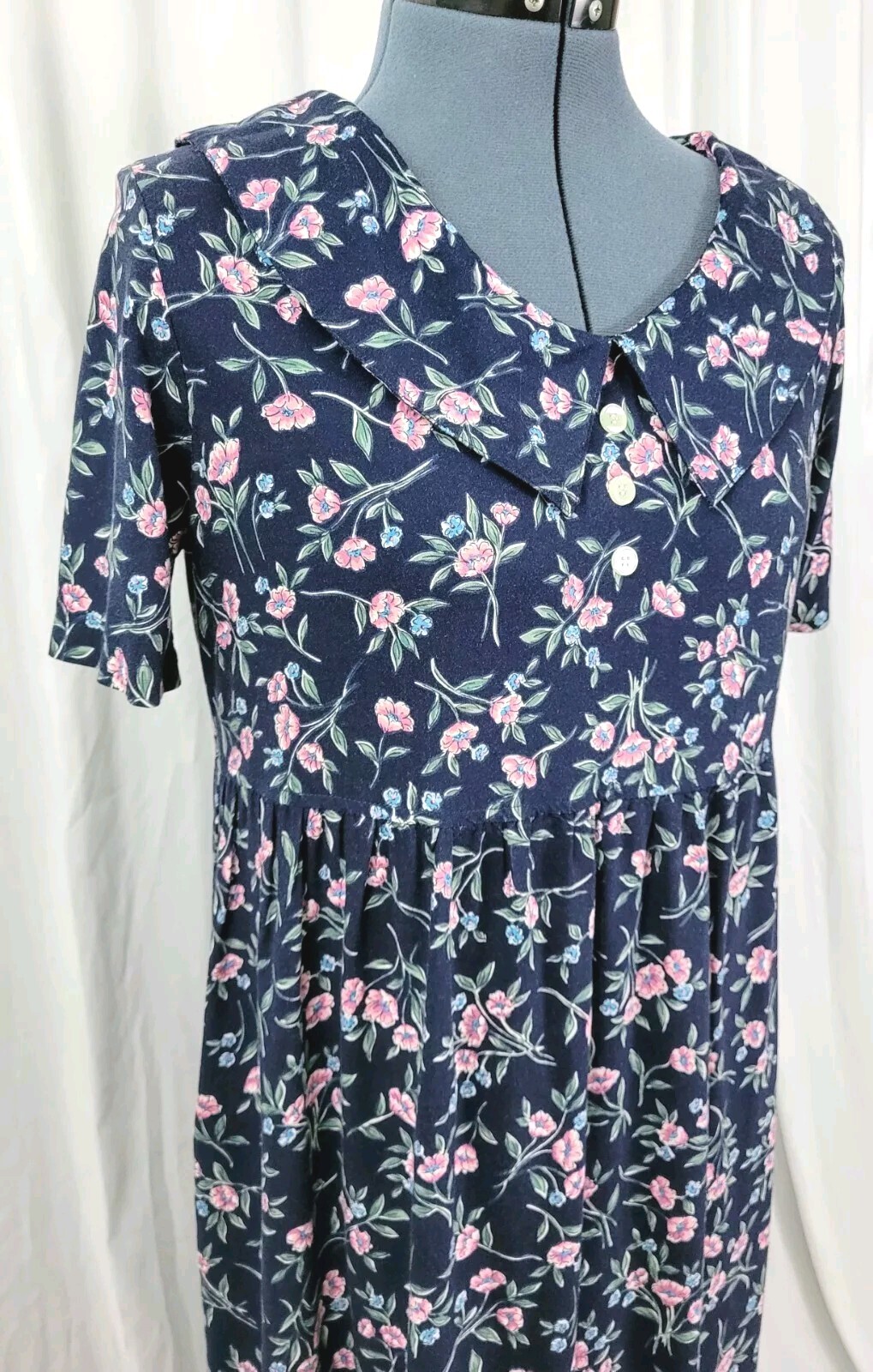 Vtg Ulterior Motives Navy Blue Floral Dress w Raised Waistline & Collar Size M