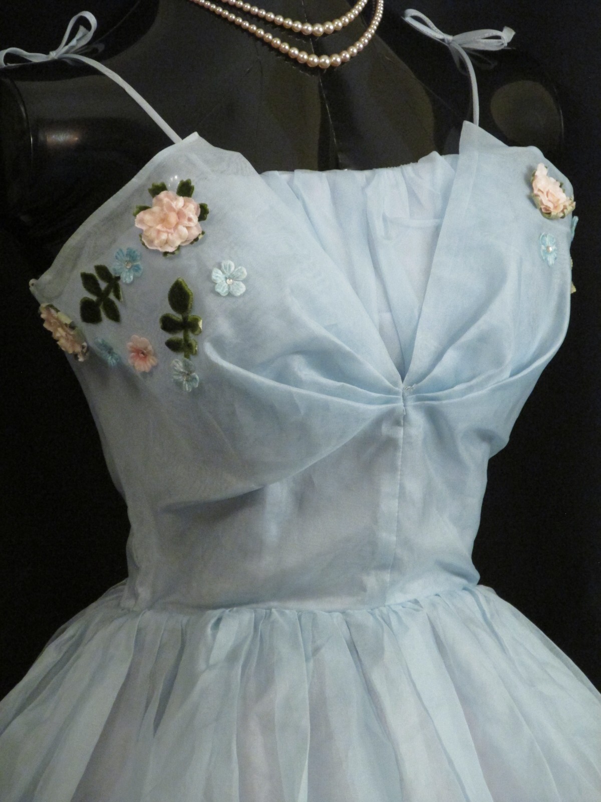Vintage 50’s 50s Blue Applique Silk Chiffon Organza Party Prom Wedding DRESS