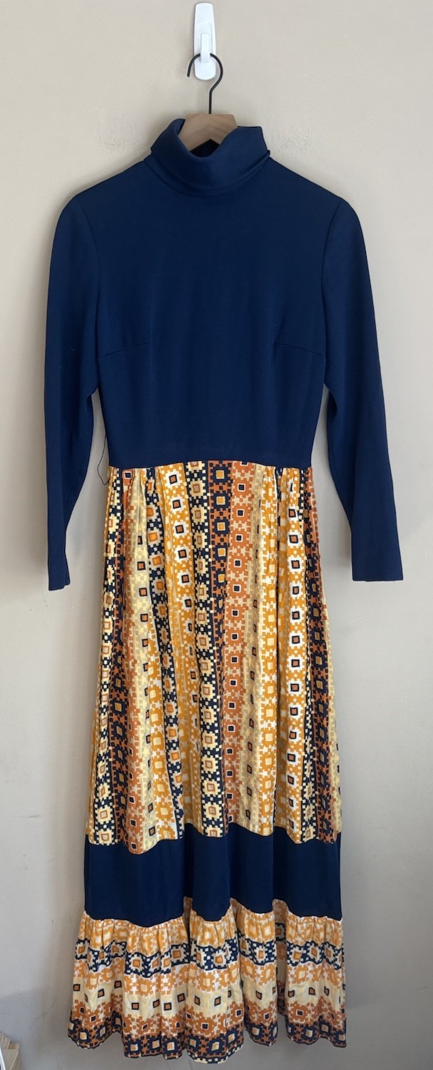 Dress Maxi Vintage 60s 70s Boho Hippy Prairie Floral Womens Size Small Blue