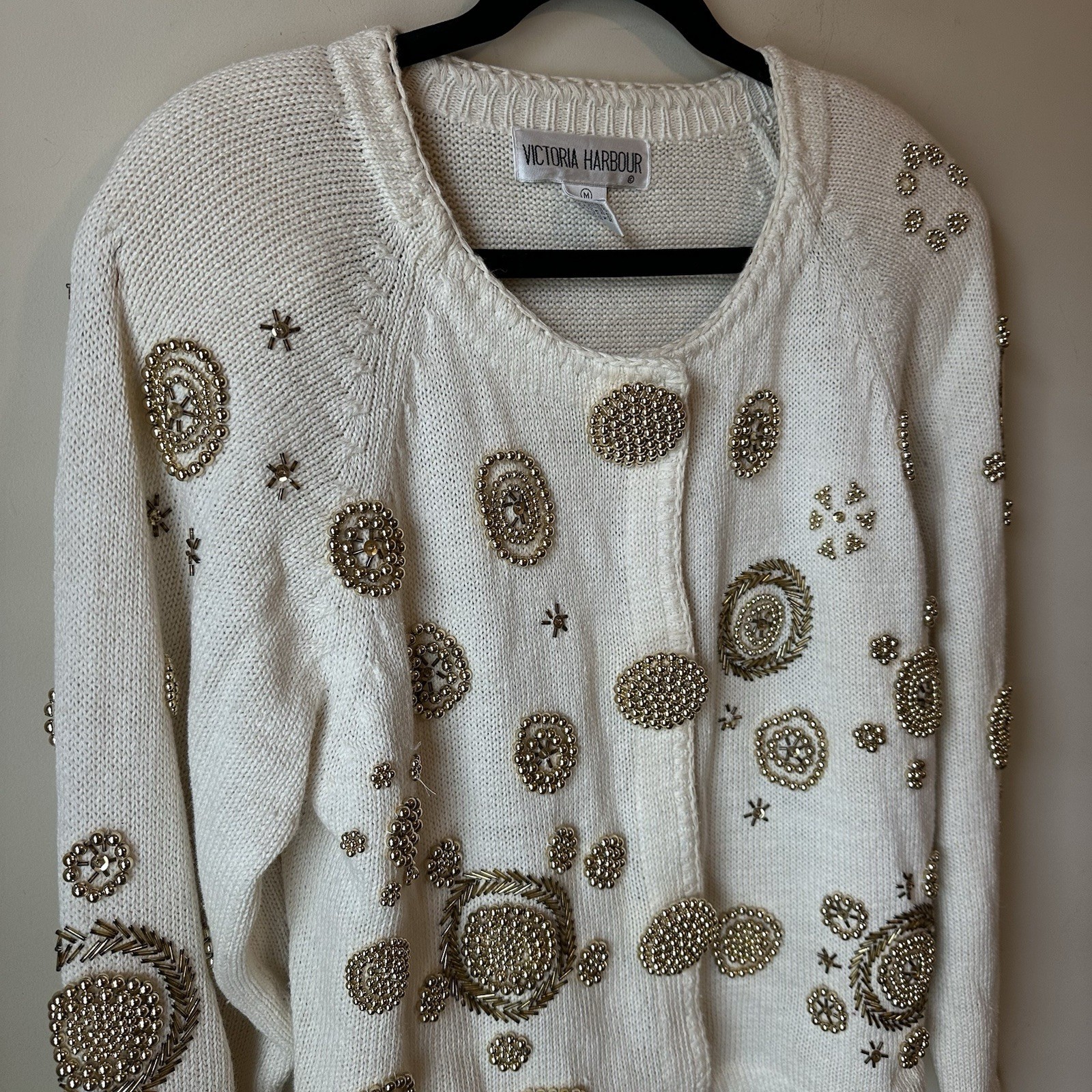 1990s Vintage Victoria Harbour Size M Beaded Off White Knit Sweater Cardigan