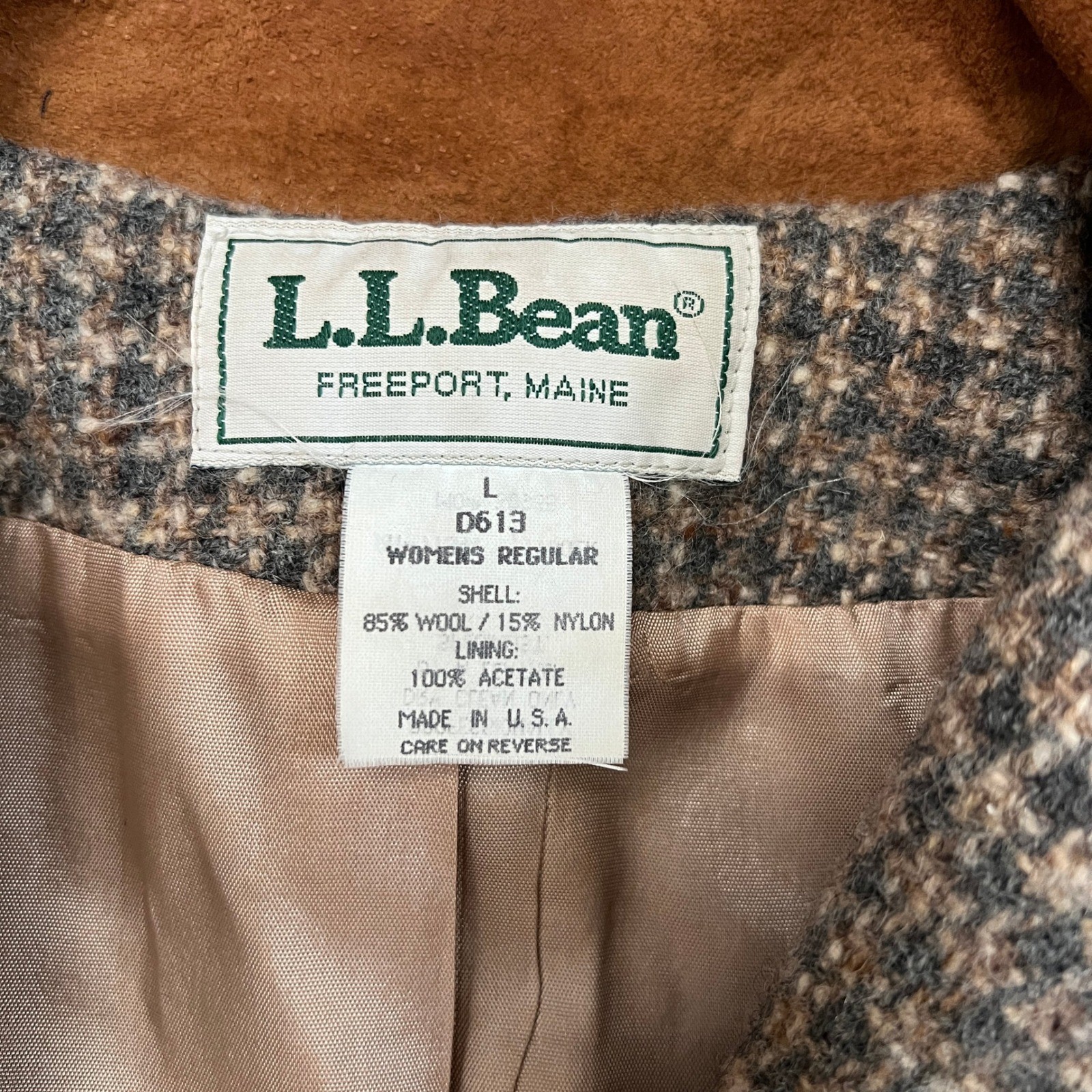 Vintage 1980s LL Bean Tweed Wool Trench Coat Brown Suede Womens Large